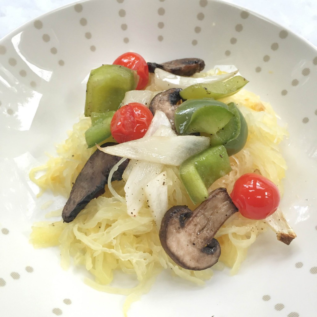 Spaghetti Squash veggie bowl, an easy weeknight recipe for grilling or feeding a family. MomLifeMustHaves.com