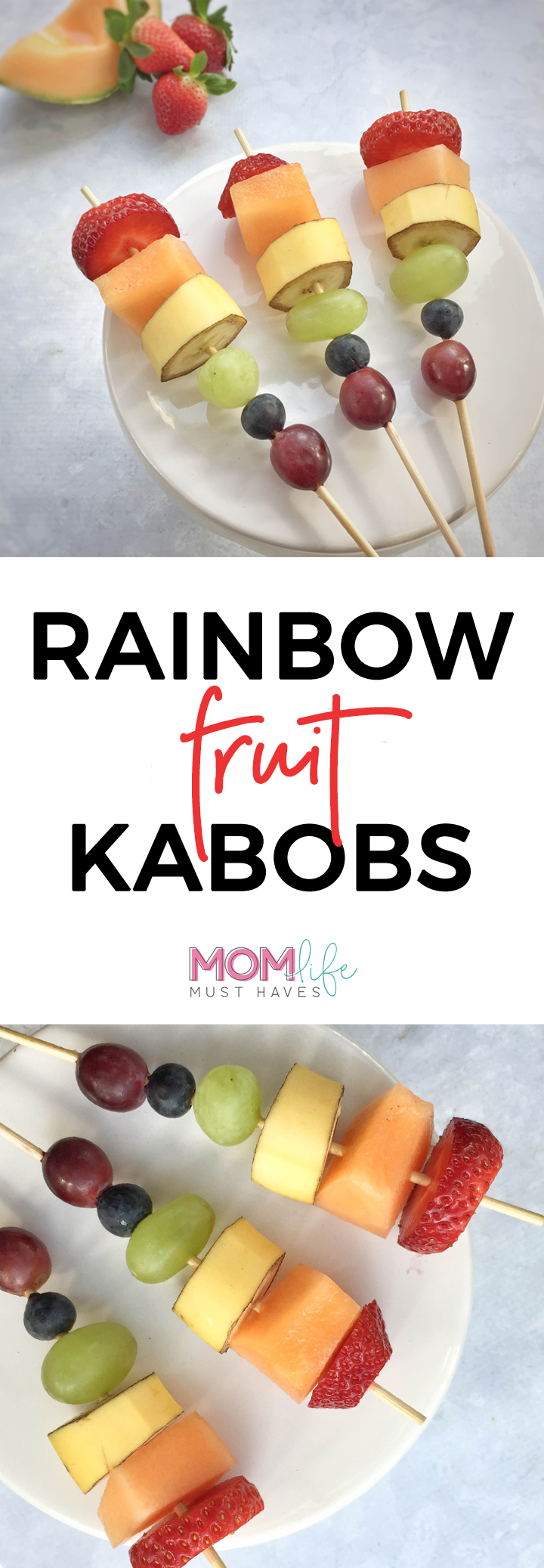Rainbow fruit kabobs for kids on St Patricks Day. www.momlifemusthaves.com